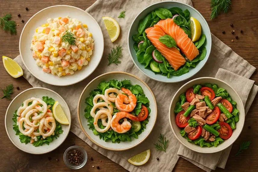 Салаты с рыбой и морепродуктами: крабовый, с лососем, с тунцом и кальмарами